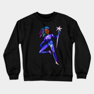 Black anime girl from outer space  ! beautiful  black girl with multi colored Afro hair, blue eyes, Cherry pink lips and dark brown skin. Hair love ! Crewneck Sweatshirt